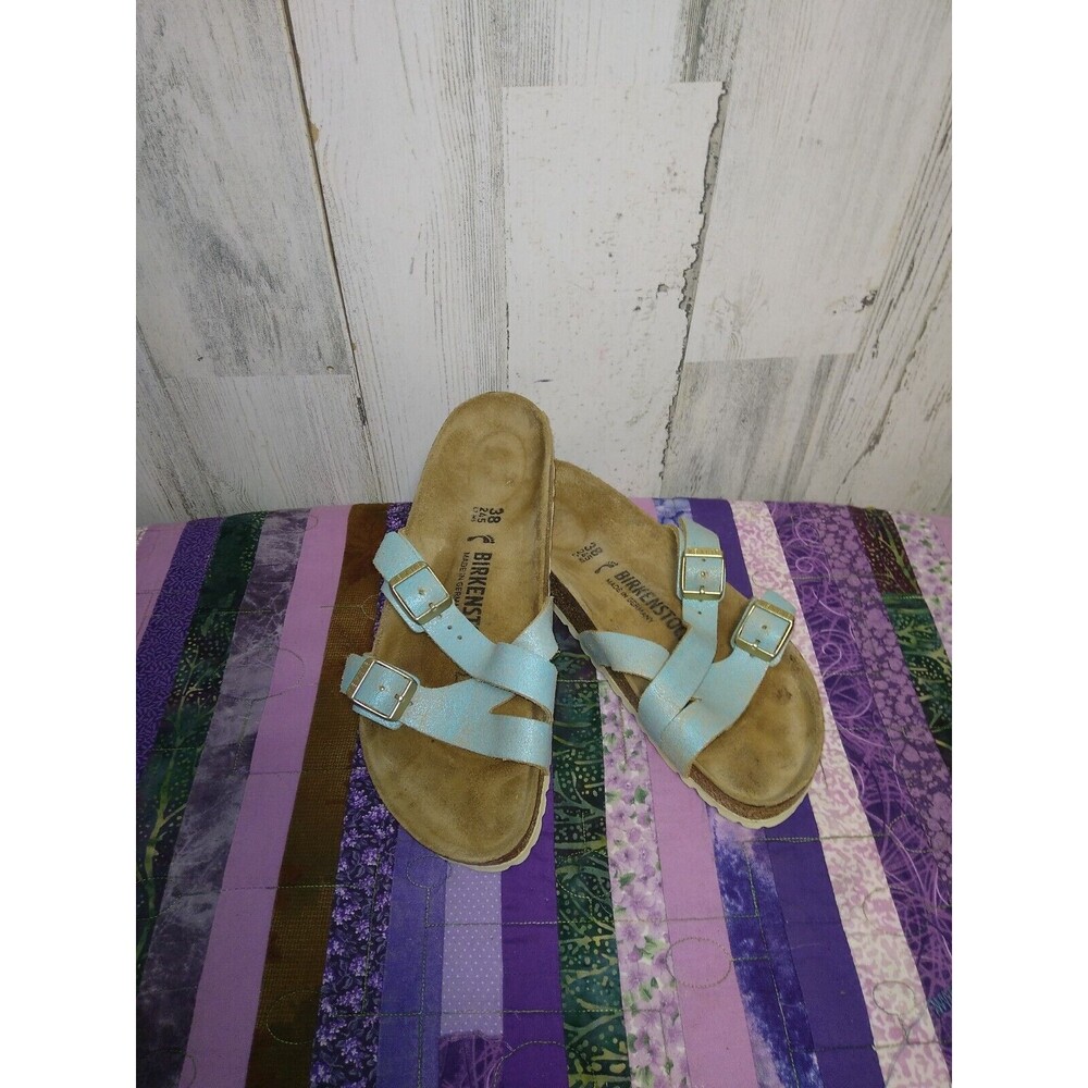 Birkenstock Yao Balance Washed Metallic Aquamarine Leather Sandals Sz 38 / US 7